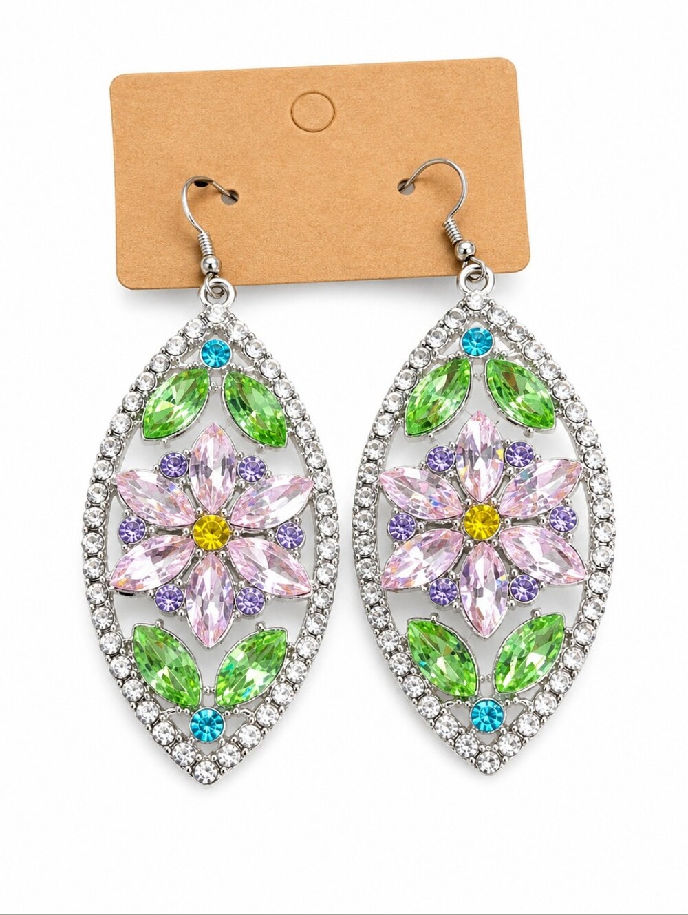 NEW Floral Pavé Crystal Drop Earrings - Pink & Green #0355 - Picture 2 of 2